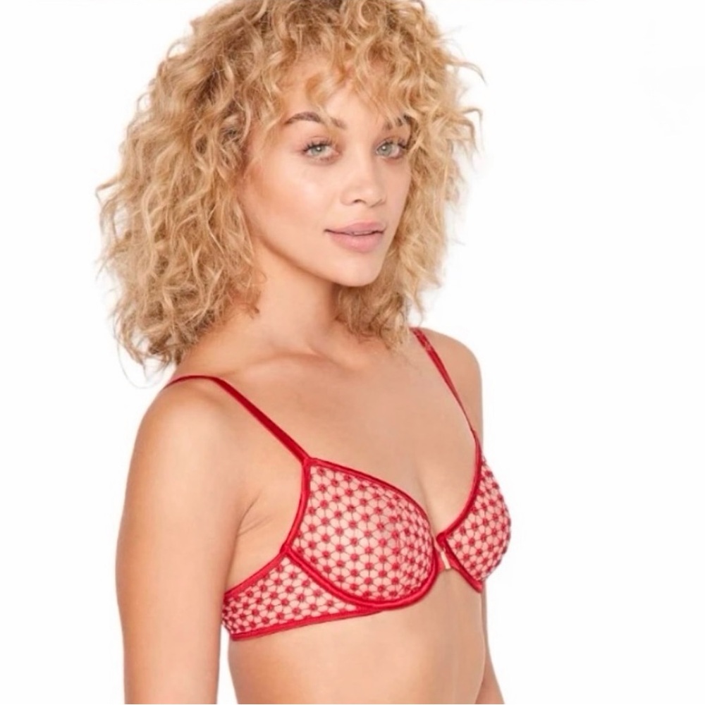 VICTORIA SECRET, Demi Red Starburst Unlined Bra, Front Hook Closer, Sz 34DD, NWT